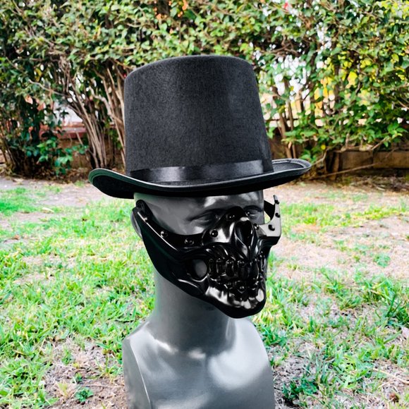 Black Steampunk Mouth Skull Mask & with TOP Hat Halloween Dress Up Costume Party - Picture 3 of 3